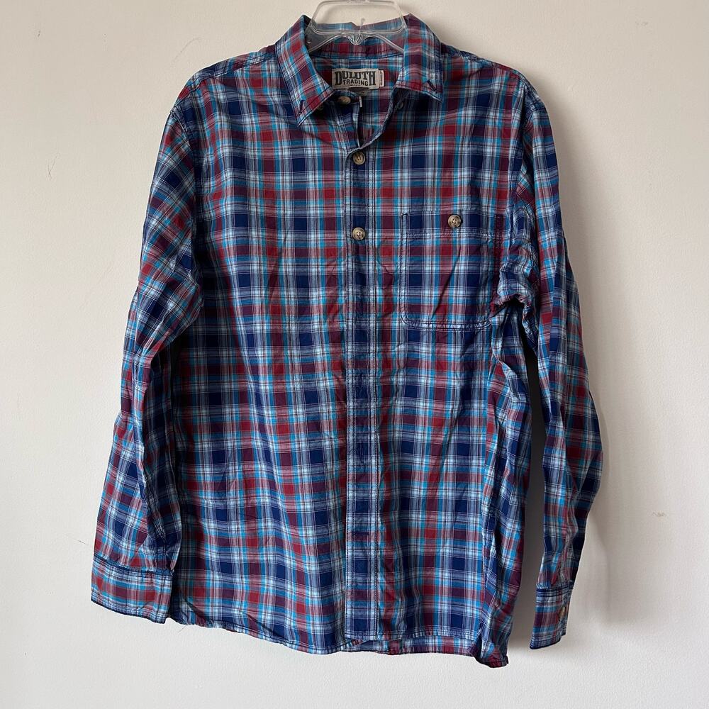 Duluth Trading Button Front Shirt Cotton Red Blue Plaid  Medium Relaxed Fit